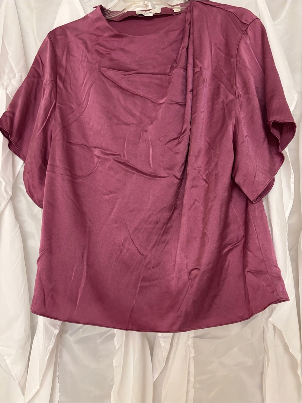 Vince Satin Short-Sleeve Blouse in Plum